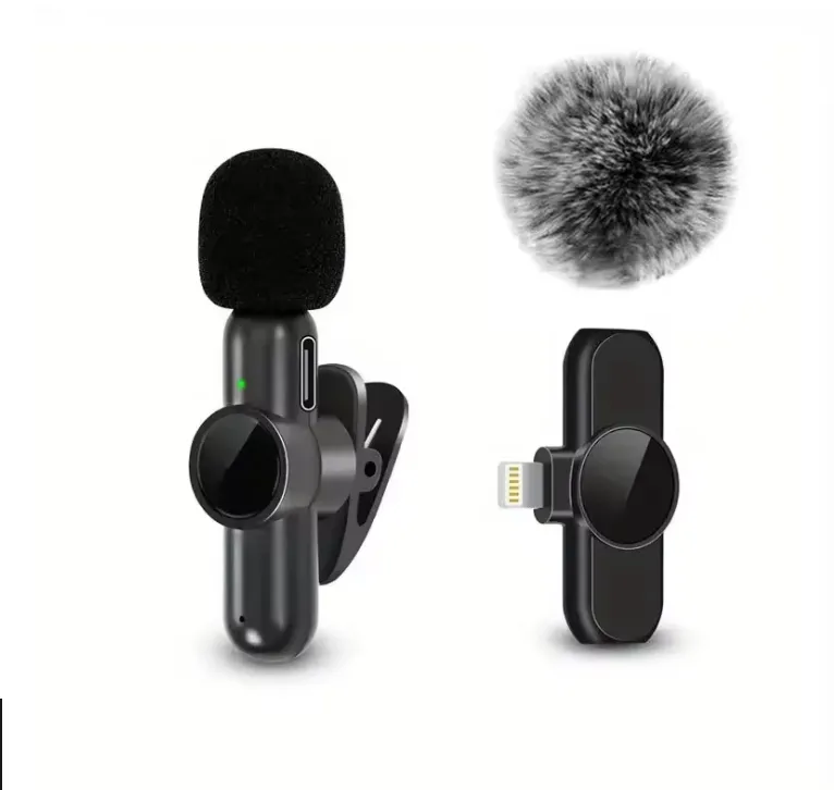 ClipMic Pro — two mics with fluffy windscreens and receiver